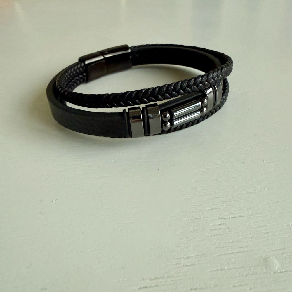 Handmade Black Leather Bracelet with Silver Accents